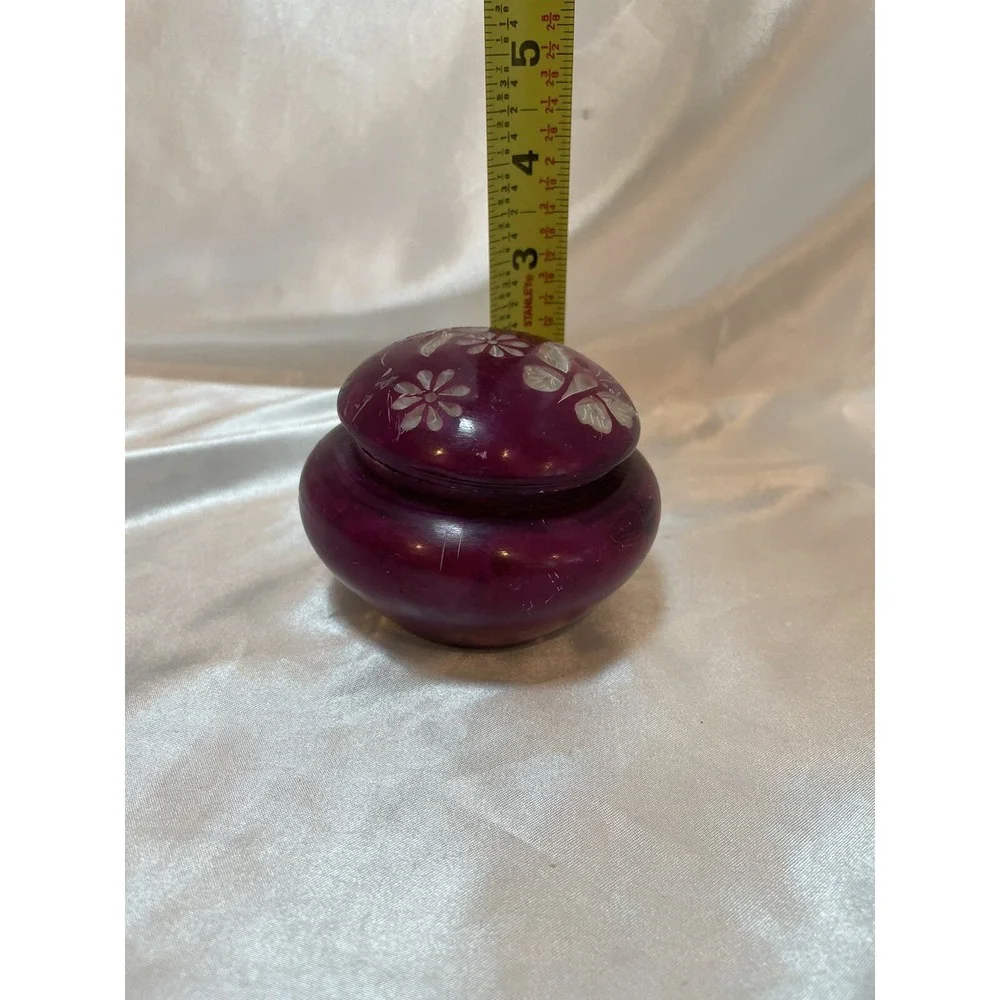 Hand Carved Purple Plum Trinket Box w/Flowers & Butterflies Soap Stone W/ Lid